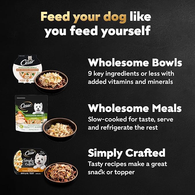 Cesar Wholesome Bowls Adult Wet Dog Food, Beef, Chicken, Carrots, Barley & Green Beans Recipe and Chicken, Apple & Sweet Potato Recipe Variety Pack, 3 oz., 6 Count