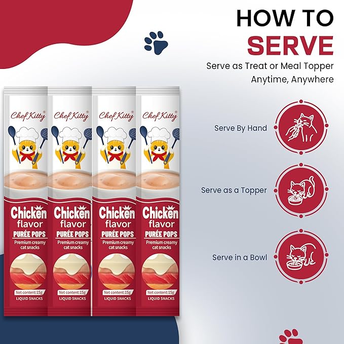 Chef Kitty Purée Pops, Cat Treats, Grain-Free, Lickable, Squeezable Creamy Cat Treat/Topper with Vitamin E & Taurine, 0.5 Ounces Each Tube, 10 Tubes, Chicken Flavor