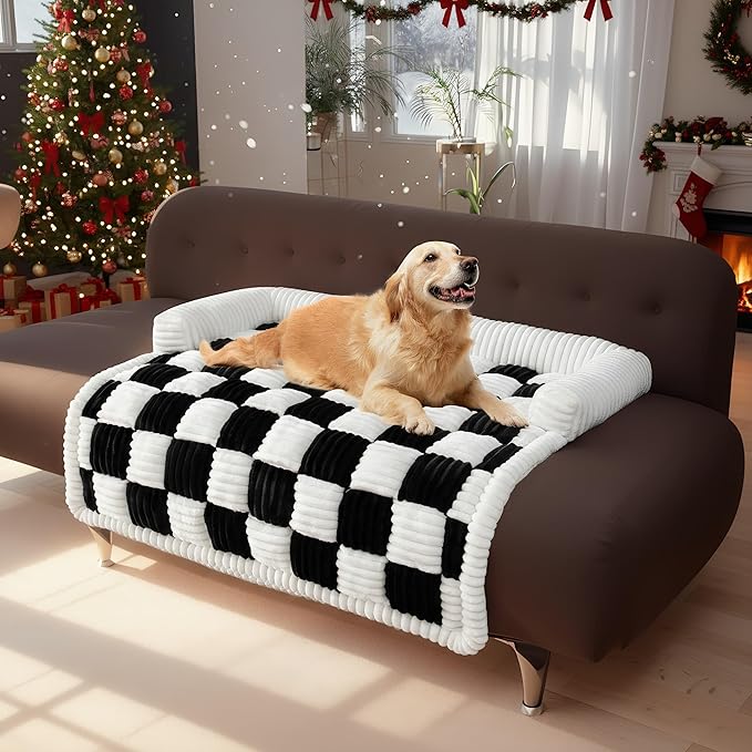 LiveGo Fuzzy Pet Couch Covers for Sofa, Dog Couch Cover Fuzzy Sofa Cover Cream Square Plaid Dog Bed Plush Dog Mat for Furniture Protector for Large Medium Dogs and Cats (Black, 29.5"*29.5")