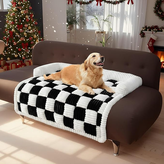 LiveGo Fuzzy Pet Couch Covers for Sofa, Dog Couch Cover Fuzzy Sofa Cover Cream Square Plaid Dog Bed Plush Dog Mat for Furniture Protector for Large Medium Dogs and Cats (Black, 29.5"*29.5")