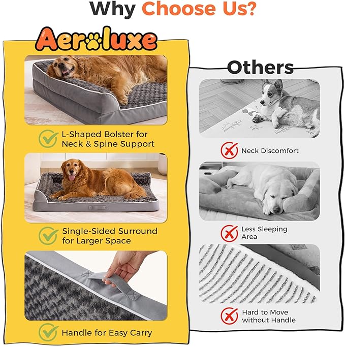 Dog Bed Large Sized Dogs, XL Orthopedic Dog Bed for Large Dogs 42"x30"x7.5", Waterproof Pet Bed with Washable Removable Cover, L-Shaped Pet Couch with Portable Handle, Grey