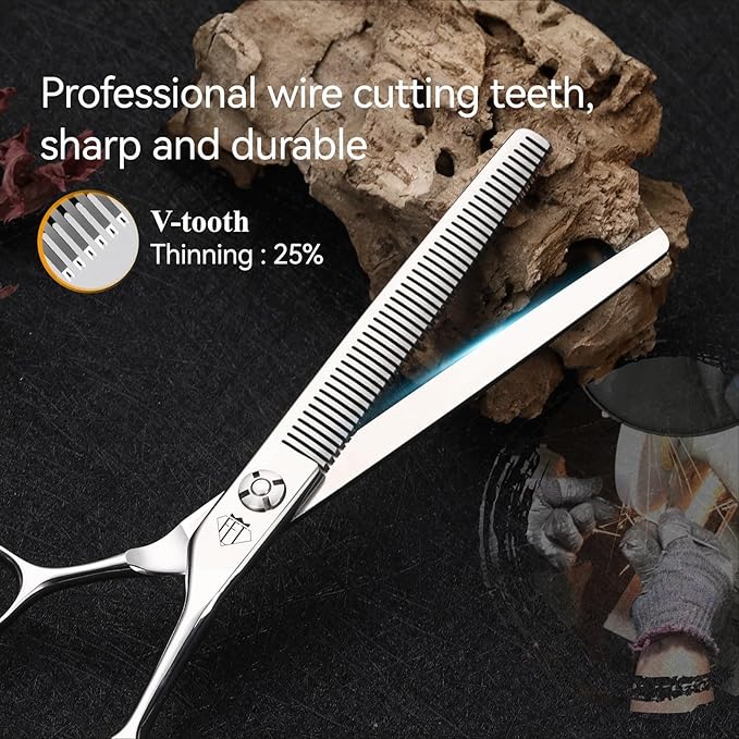 Dog Grooming Scissors: 5 IN 1 Professional Grooming Scissors for Pet High Precision CNC-Cut Blades, Silver (SET, 7")