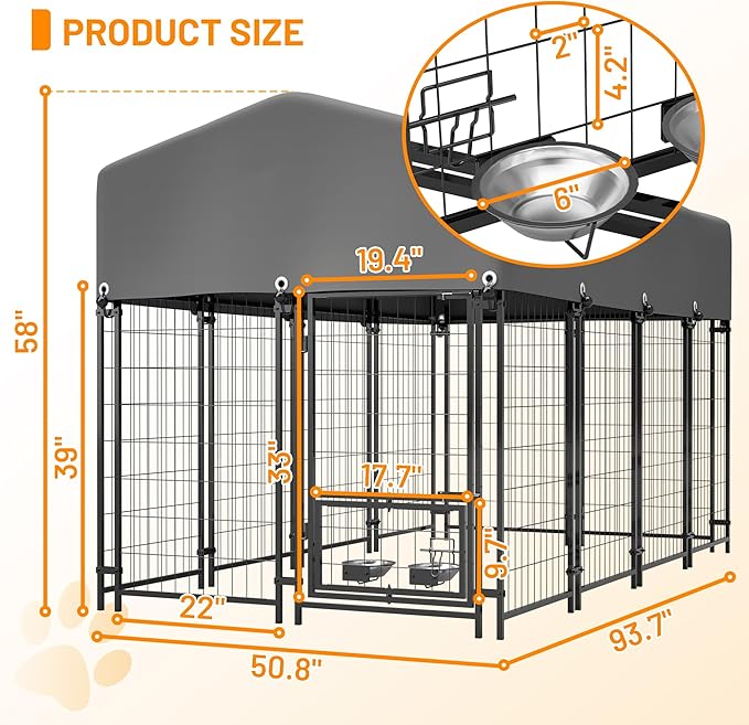 Dog Crate Dog Kennel Outdoor W/Roof,Dog Cage W/ 360°Rotating Feeder & Secure Lock,Weatherproof Dog Pens Outside W/Flexible Clamps,for Medium/Large,Grey(4.23x7.81x4.83 FT)