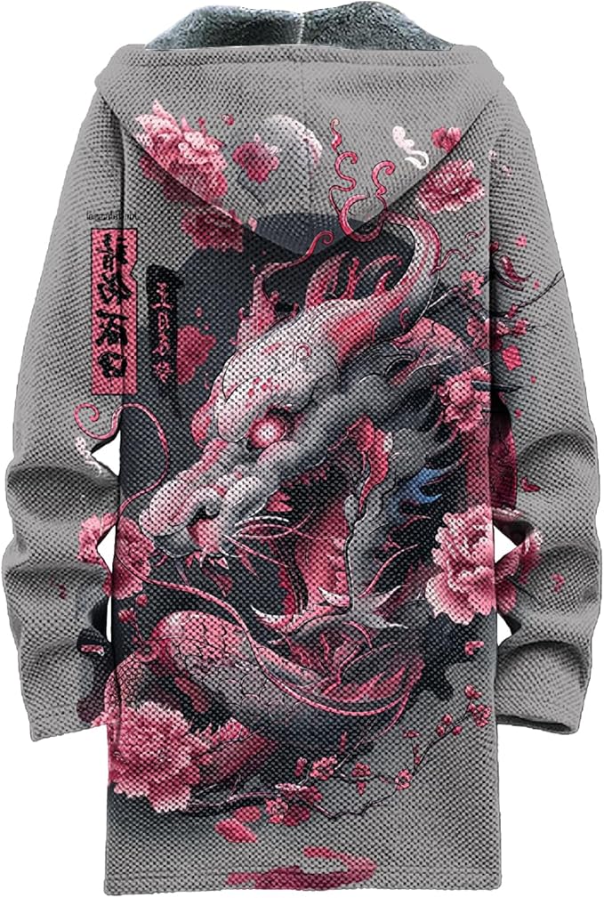 MARSVOVO Cool Hippie Long Cardigan Hoodies for Men Zipper Fleece Lined Knit Coat Skull Animal Print Graphic Jackets