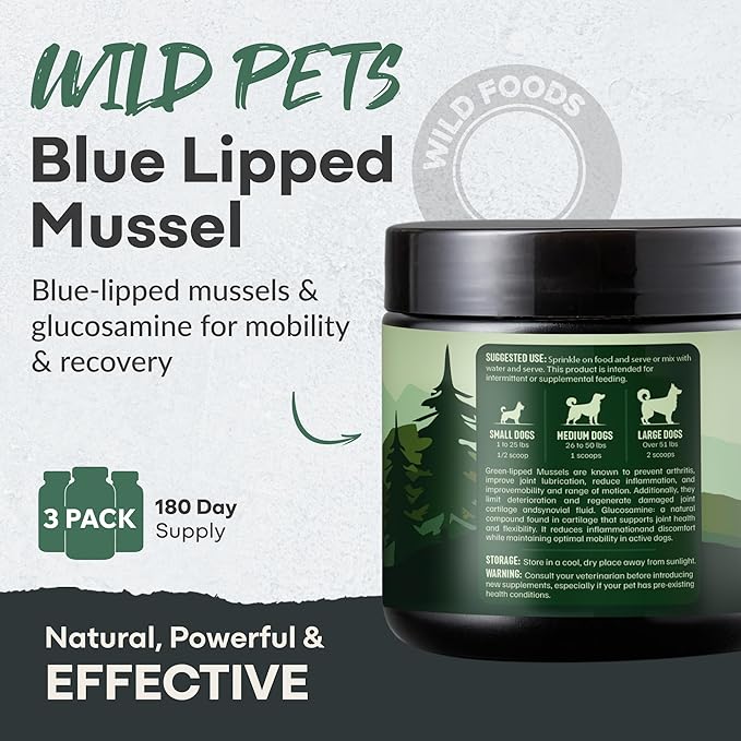 Wild Pets Blue Lipped Mussel & Glucosamine – Dual-Action Dog Hip & Joint Supplement – 500mg Mussel + 500mg Glucosamine per Scoop – 6oz/120 Servings – Higher Protein Than Green lipped Mussels for Dogs