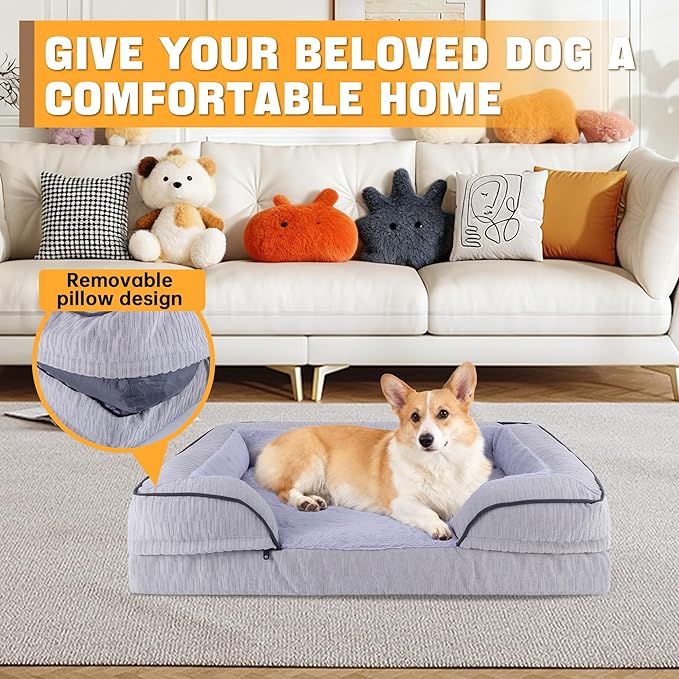 Orthopedic Dog Bed for Large Dogs, 35x25 Inch Waterproof Egg Crate Memory Foam Dogs Bed with Detachable Top, Dog Couch with Zipper Washable Cover, Nonslip Bottom for Living Room, Dark Grey