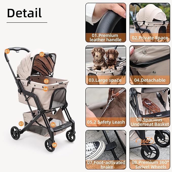 Dog Cat Strollers, Suitable for Dogs and Cats Weighing No More Than 66 Pounds, Foldable 4 Wheels Pet Stroller, Travel Small Dog Pet Stroller with 4 Wheels (Beige)
