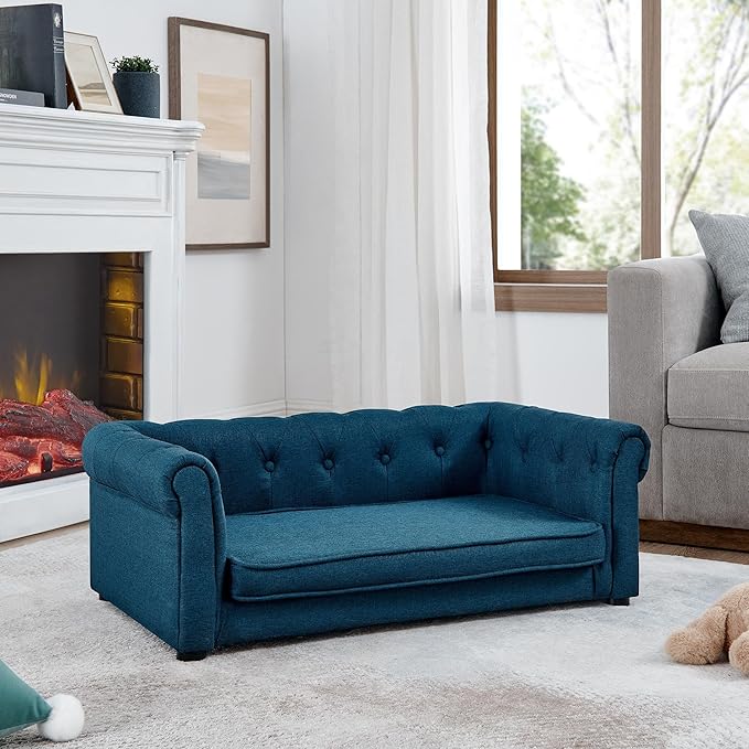 GDFStudio Modern Linen Dog Sofa for Small and Medium Dogs Elevated Pet Bed with Armrests and Backrest Durable and Comfortable Upholstered Pet Furniture, Blue
