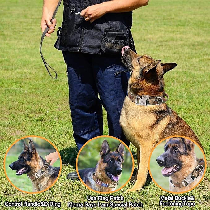KCUCOP Tactical Dog Collar - Heavy Duty Collar with Handle and Metal Buckle, Military Thick Dog Collars for Medium and Large Dogs(Upgrade Camo-M, 2 Patches)