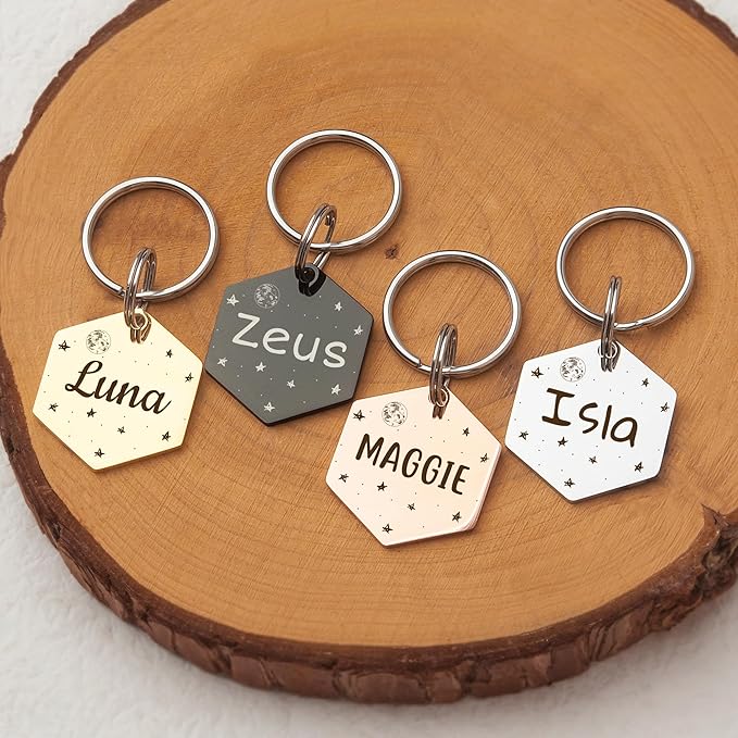 Anavia Small Size Dog Cat ID Tags, Small/XS Personalized Color Plated Stainless Steel Puppy Kitten Name Tags, Customized Engraved Nameplate Pet Collar Tag (Silver, Hexagon)