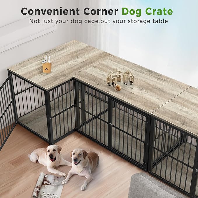 Lyromix 43'' L-Shaped Corner Dog Crate Furniture Large Breed with Double Rooms,Wooden Dog Crate End Table Indoor with Removable Divider for Small to Medium Dogs, Can Use Separately