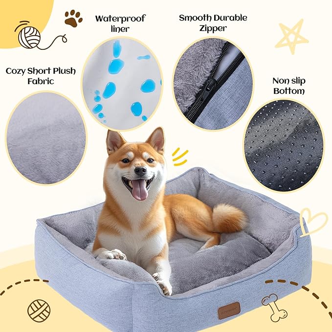 Rectangle Dog Bed for Large Medium Small Dogs Washable Pet Bed with Bolster Sides Non-Slip Bottom Pet Sofa Waterproof Lining Durable Pet Cuddler, Sky Blue, 33x 26x 7.5