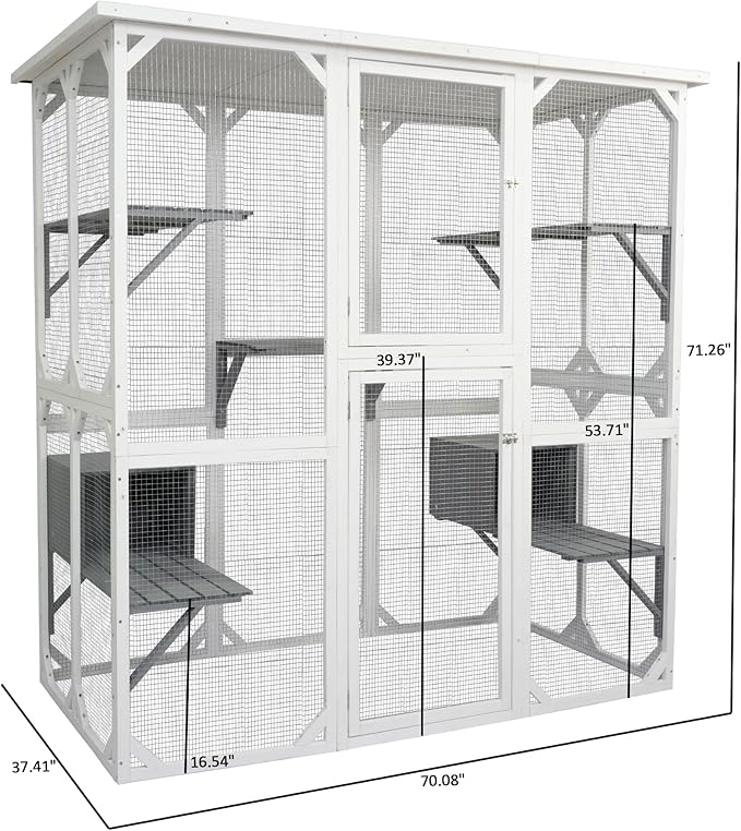 Ball & Cast 71" Wooden Catio Outdoor Cat Enclosure with Weatherproof Asphalt Roof,Jumping Platforms & Napping Houses,Walk-in Cats Kennel Shelter for Indoor,White