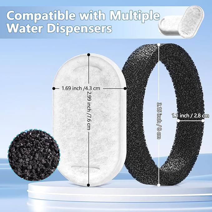 16 Pack Cat Water Fountain Filters Replacement for 108/3.2L & 67oz/2L Stainless Steel Pet Dispenser, 8 Filters with 8 Sponges Pet Fountain Filter Replacement