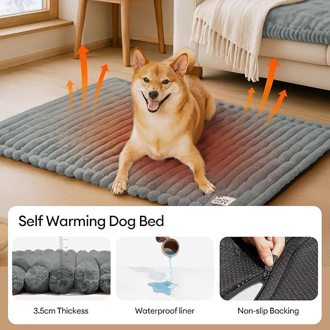 FUNNY FUZZY Self Warming Dog Bed, Waterproof Corduroy Fleece Warm Self Heating Pad for Cat & Dogs, Non-Skid Thermal Pet Mat Indoor with Removable Washable Cover - ThermoPad, 39.4"×29.5", Grey