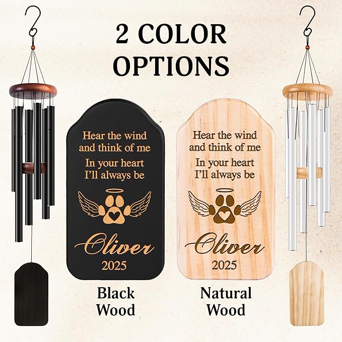 Personalized Dog Memorial Gifts for Loss of Dog Wind Chime w/Name & Date, in Loving Memory - Sympathy Gifts - 37" Custom Engraved Pet Memorial Wind Chime Gift - Black Color, D1