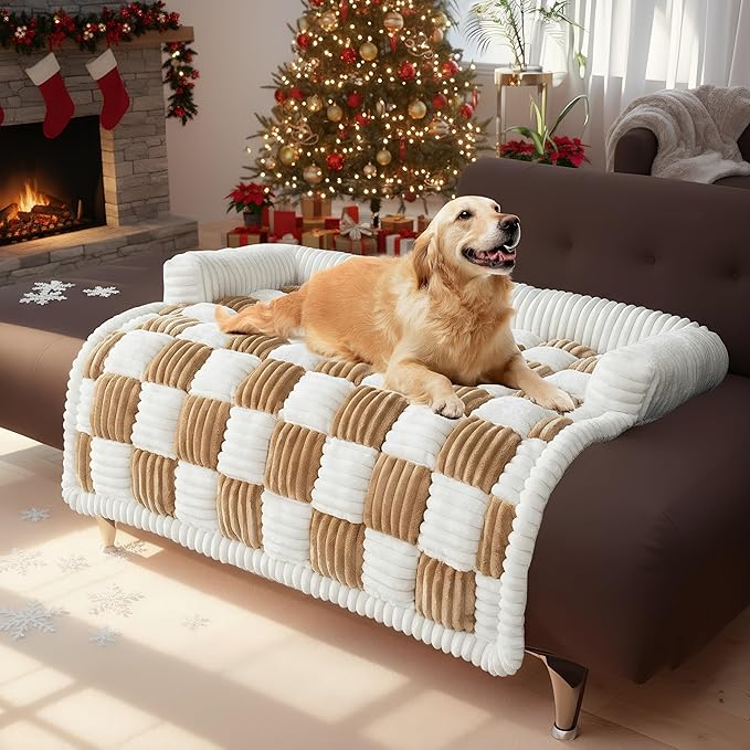 LiveGo Fuzzy Pet Couch Covers for Sofa, Dog Couch Cover Fuzzy Sofa Cover Cream Square Plaid Dog Bed Plush Dog Mat for Furniture Protector for Large Medium Dogs and Cats (Light Brown, 35.4"*35.4")