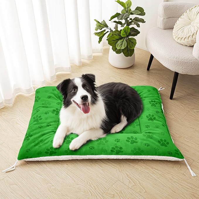 Dog Crate Bed Washable Crate Pad Cartoon Paw Green Printed Soft Fluffy Pet Sleeping Mat for Large Medium Small Animals(Paw-5 L)