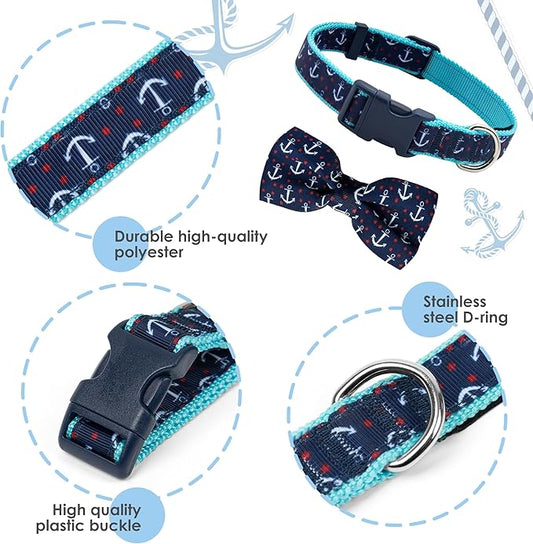 azuza Anchor Dog Collar with Bow Tie, Soft and Comfortable Adjustable Bowtie for Small Dogs