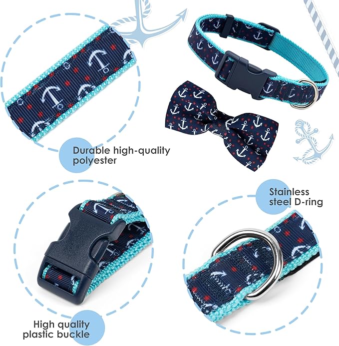 azuza Anchor Dog Collar with Bow Tie, Soft and Comfortable, Adjustable forLarge Dogs