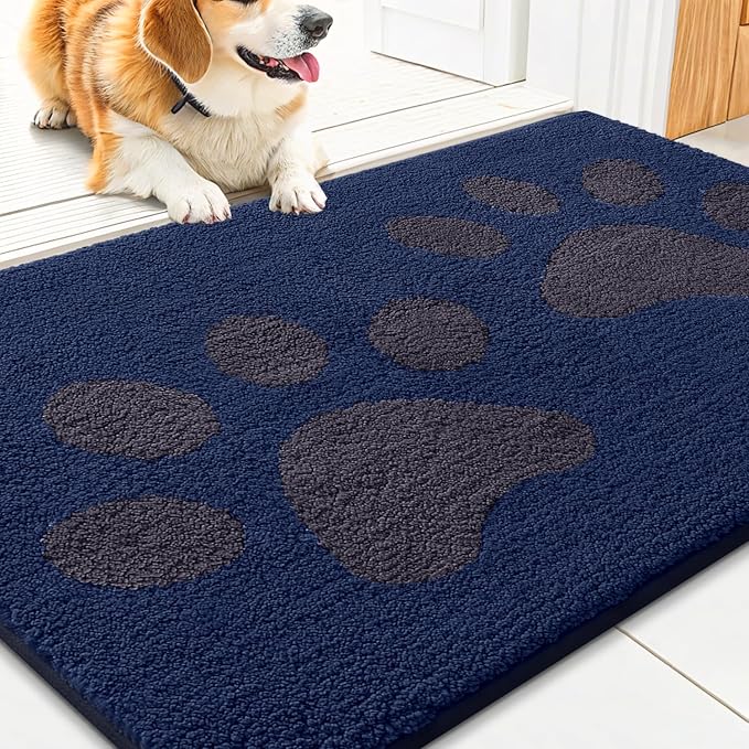 Smiry Dog Door Mat for Muddy Paws 30x20, Dirt Trapper Non Slip Washable Indoor Doormats, Absorbent Entryway Carpet for Inside Floor, Navy Blue