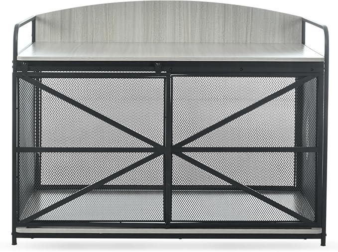 Large Furniture Dog Crate, Dog Kennel Indoor, Wood Dog Cage Table, Heavy Duty Dog Crate, Sturdy Metal,Gray