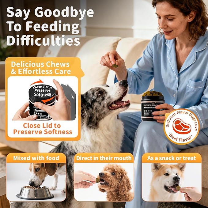 25-in-1 Dog Multivitamin Chews – All-in-One Daily Vitamins & Supplements for Dogs, Joint Support with Glucosamine MSM, Omega-3 Skin & Coat, Gut, Heart & Brain, All Breeds & Ages, Beef, 60Ct