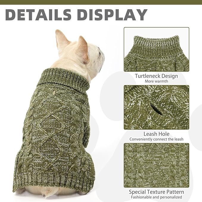 KOOLTAIL Thermal Knitted Dog Sweater for Small Medium Large Dogs, Turtleneck Cable Knit Doggy Winter Coat Warm Clothes Sweatshirt Outfits for Cold Weather,Pullover Pet Jumper for Puppy Cats Green XL