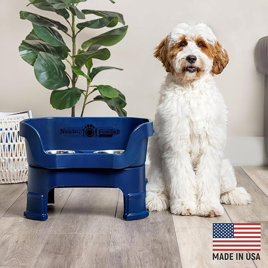 Neater Feeder Deluxe Mess Proof Dog Bowls Elevated Medium Sized Dogs (19-40 lbs) Made in USA, No Spill Raised Dog Food Bowl Stand w/Leg Extension, Stainless Steel Food and Water Bowl Set, Dark Blue