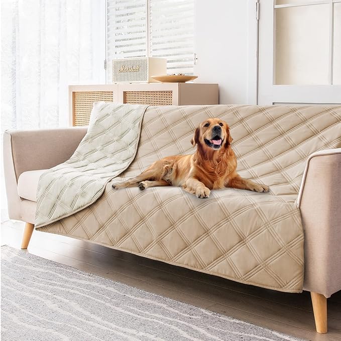 fuguitex Waterproof Dog Blanket, Pet Friendly Reversible Throw Essential for Small Dogs, Tear Resistant Leakproof Washable Couch Cushion Bed Protector Cover for Indoor Furniture（40"*50",Beige+Cream