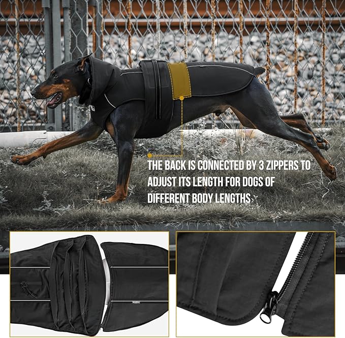 OneTigris Dog Coat Waterproof Dog Jacket with Adjustable Buckle Hook & Loop Windproof Cold Weather Coats for Small Medium Large Dogs (Black, Medium)