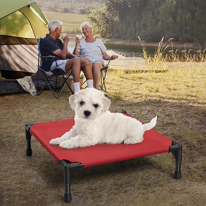 Love&go Elevated Dog Bed with Metal Frame, Cooling Raised Pet Cot for Dog and Cat (S - Red Bed, Small-18.5x18.5x5.5 inch)