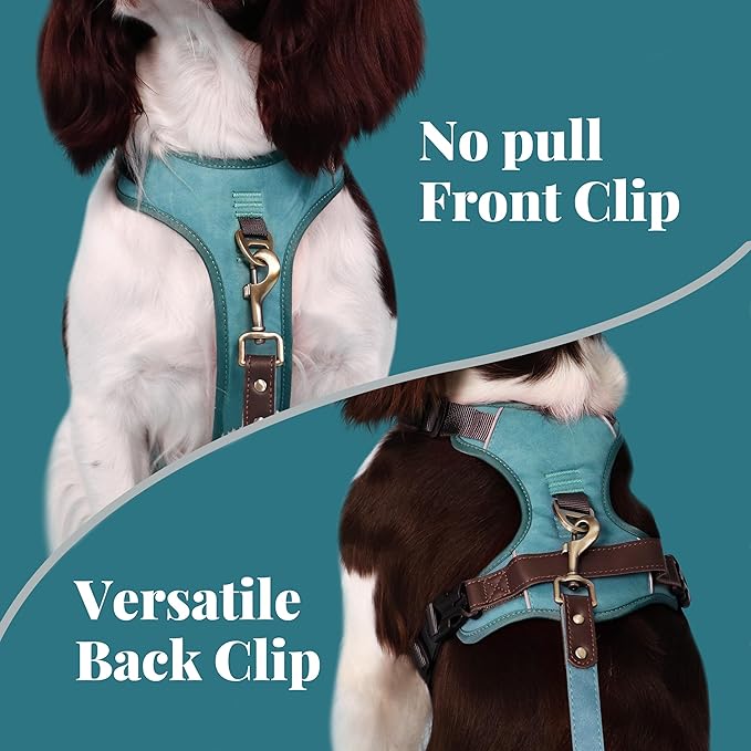 No Pull Dog Harness Medium Sized Dog,Stylish PU Leather Vest with Easy Control Handle,No Choke Front Clip with 2 Metal Leash Clips,Reflective & Adjustable for Walking,Light Blue,Chest 22-29"
