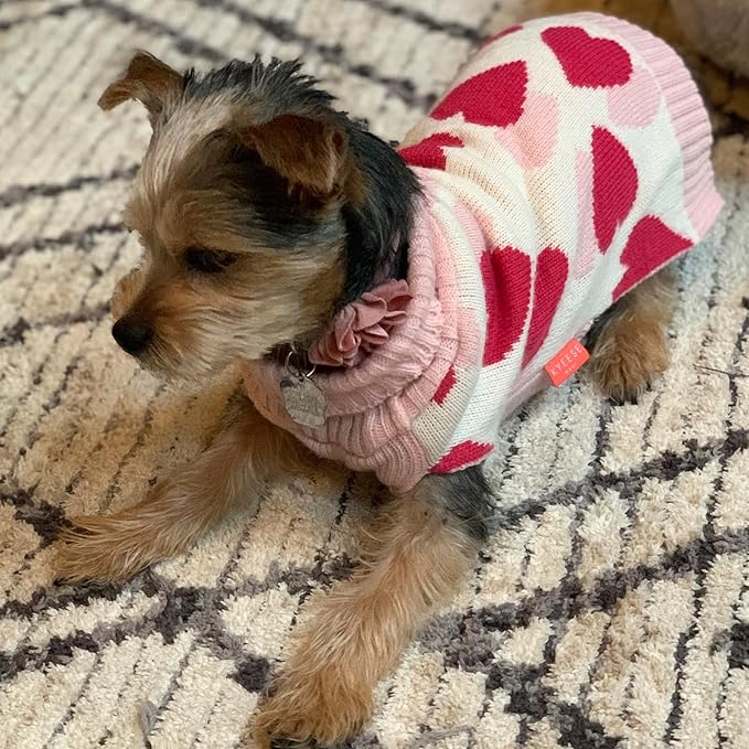 KYEESE Dogs Sweaters Small Dog Sweaters with Leash Hole Red Heart Pet Sweater Puppy Sweater,S