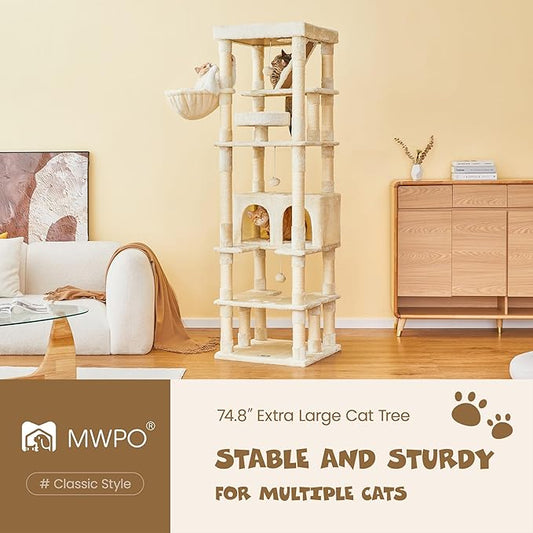 MWPO 74.8 inches Large Cat Tree with Sisal-Covered Scratching Posts & Condo, Tall Cat Tower Entertainment Playground Furniture for Cats & Kittens - Multiple Colors-Beige