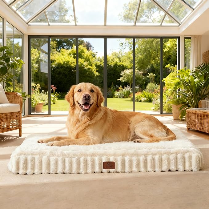 Orthopedic Dog Bed for Large Dog, Waterproof Pet Bed for Crate,Non-Slip Bottom and Egg-Crate Foam with Removable Washable Cover Crate Bed,Cream,35"x22"x3"