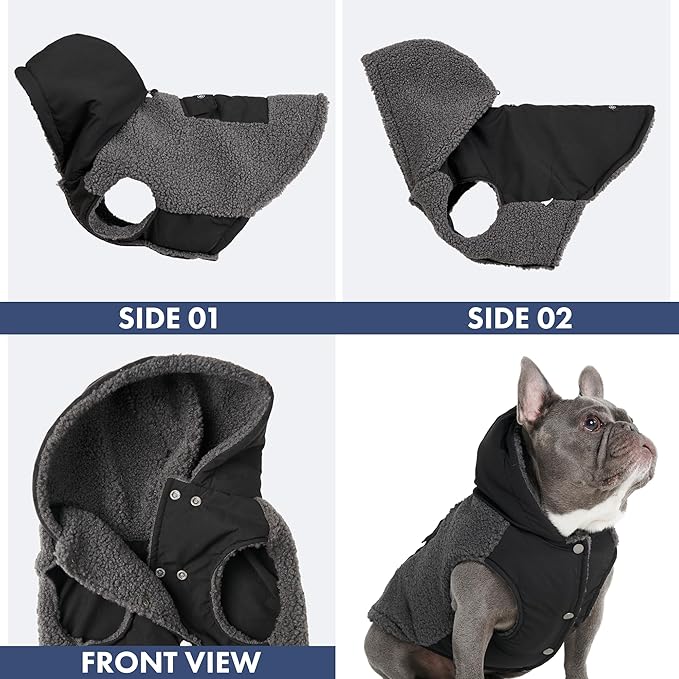 Spark Paws Reversible Fleece Dog Jacket, Hooded Sweater Vest, Warm Coat for Winter - Suitable for Small Medium Large XL XXL Dogs - Black and Grey - M