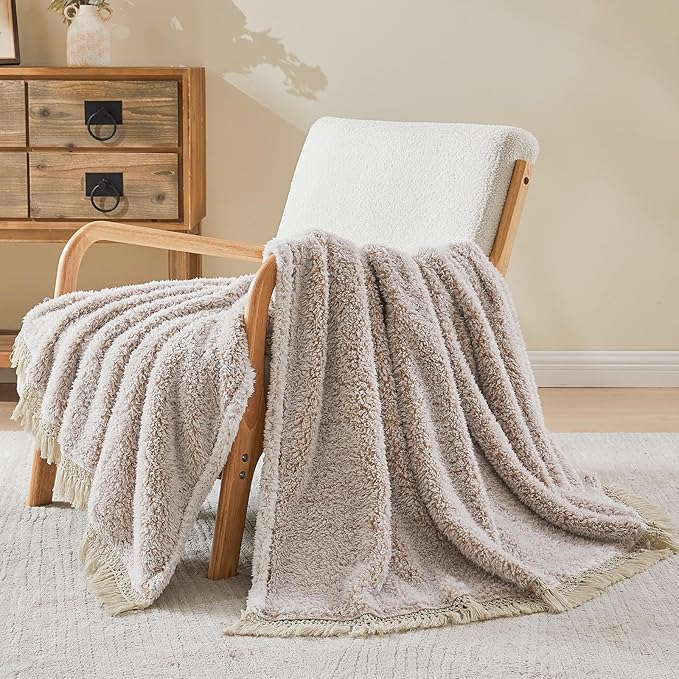EMME Soft Sherpa Fleece Blanket with Tassel, Reversible Plush Fluffy Large Blanket, Light Weight Warm Decorative Boho Blanket Cover for Sofa, Couch, Bedroom,Travel(Tassel Khaki,90"x90")