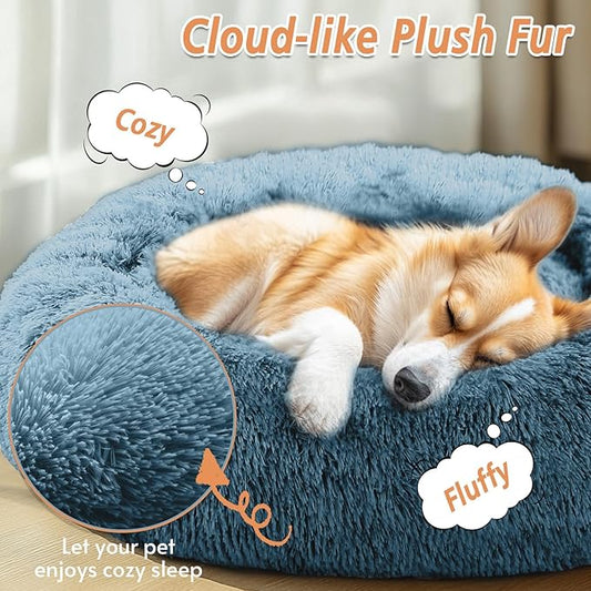 JOLLYVOGUE Small Dog & Cat Beds for Indoor Cats, Donut Cuddler Warming Soft Dog Beds with Anti-Slip Bottom, Round Calming Fluffy Plush Faux Fur Cushion Bed for Medium Dogs (31", Blue)