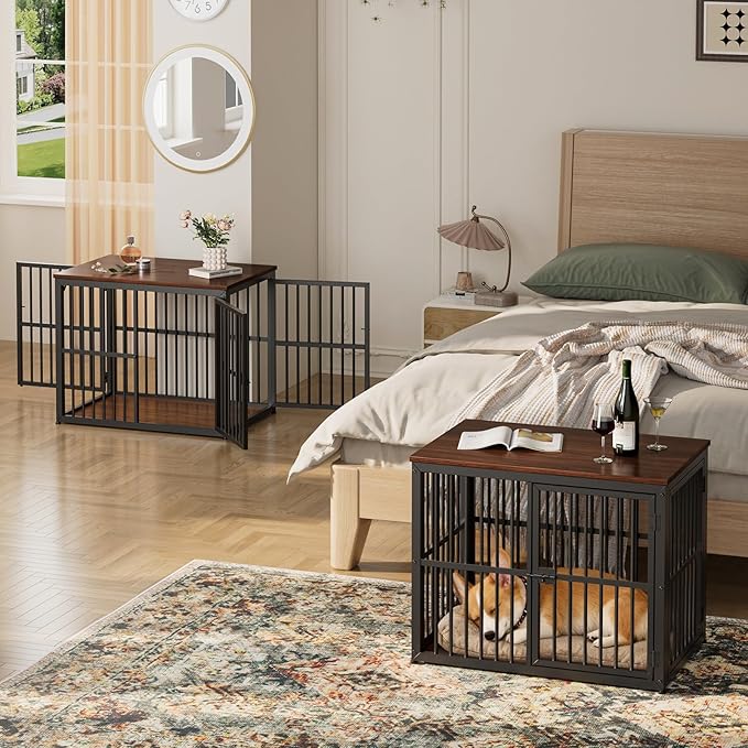 Lyromix 66'' Dog Crate Furniture with Double Rooms,Wooden Crate TV Stand with Removable Divider, Heavy Duty Indoor Puppy Cage Kennel for Small to Medium Dogs, Can Use Separately, Walnut