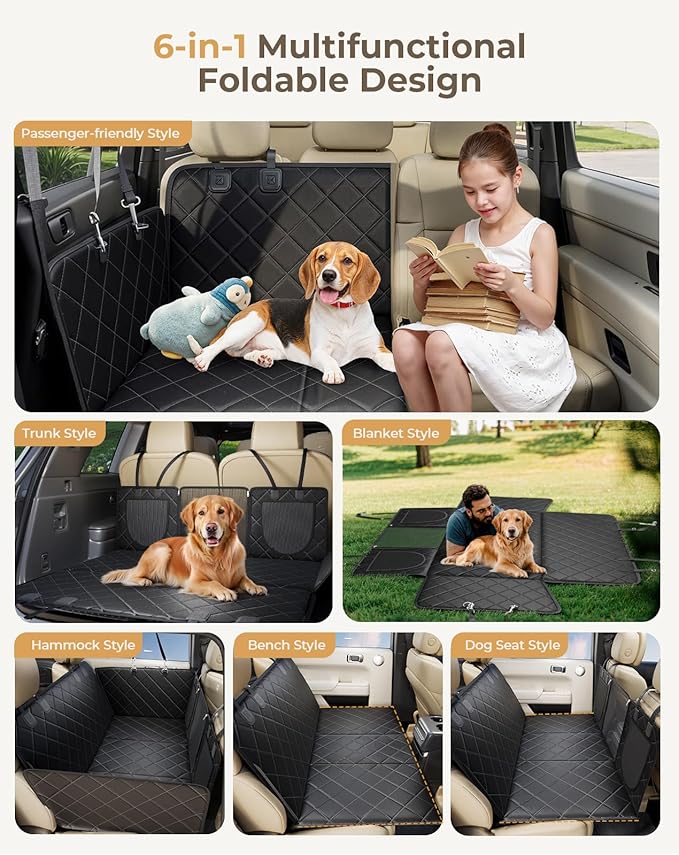 Dog Car Seat Cover for Back Seat Hard Bottom, 600D Waterproof Back Seat Extender, Durable Anti-scratch Nonslip Pet Dog Hammock for Car SUV Truck Travel