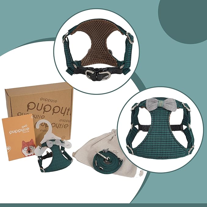 Puppytie No Pull xs Dog Harness with Multifunction Dog Leash,Soft Adjustable No Choke Escape Proof Pet Harness Vest,Knitted Green,XXS