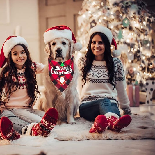 ADOGGYGO 2 Pack Dog Bandana Christmas Classic Plaid Pet Scarf Triangle Bibs Kerchief Merry Christmas Red Santa Snowman Bandana for Medium Large Dogs Pets (Large)