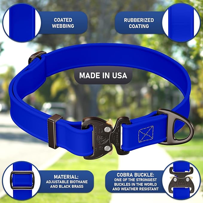 Biothane Dog Collar with Cobra Buckle - Made in USA - QR Code Dog Tag ID Included - Adjustable Heavy Duty Dog Collars for Medium Large Dogs - Waterproof Military Grade Tactical Collar for Dogs