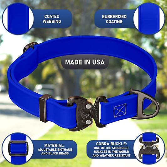 Biothane Dog Collar with Cobra Buckle - Made in USA - QR Code Dog Tag ID Included - Adjustable Heavy Duty Dog Collars for Medium Large Dogs - Waterproof Military Grade Tactical Collar for Dogs