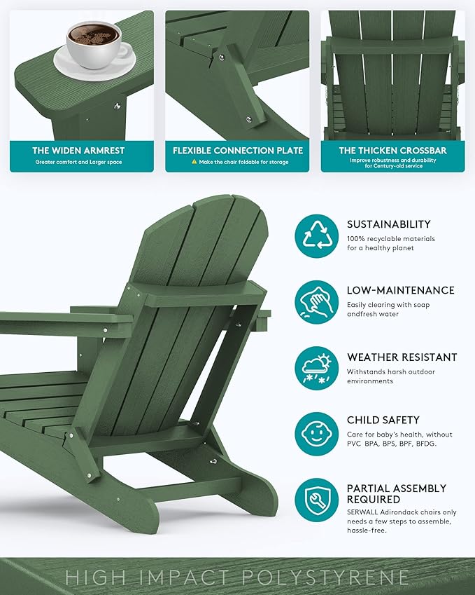 SERWALL Adirondack Chair Set of 8 for Patio Garden Outdoors Fire Pit- Army