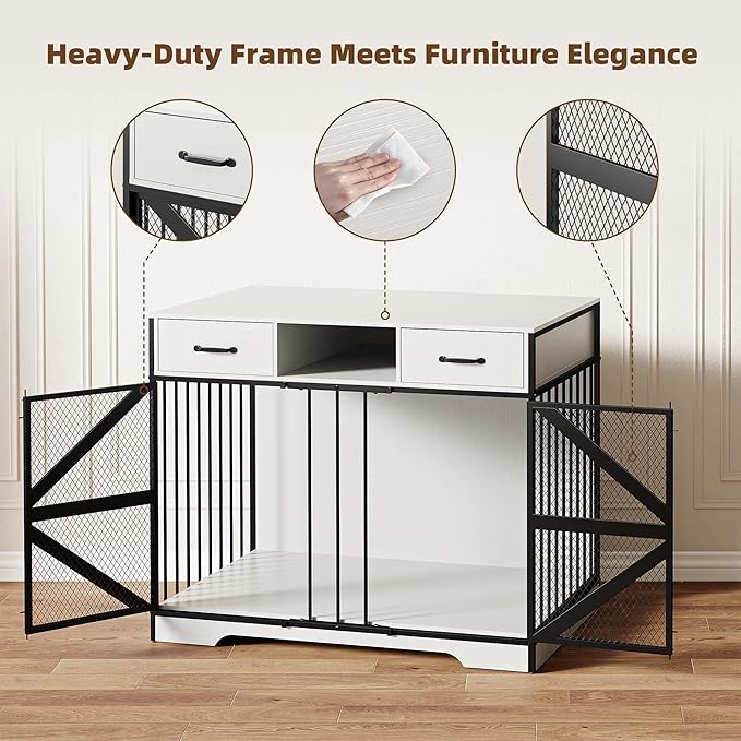 44" Large Dog Crate Furniture, Wooden Heavy Duty Dog Kennel TV Stand with 2 Drawers, Indoor Multi-Functional Decorative XL Furniture for Medium & Large Breeds, White