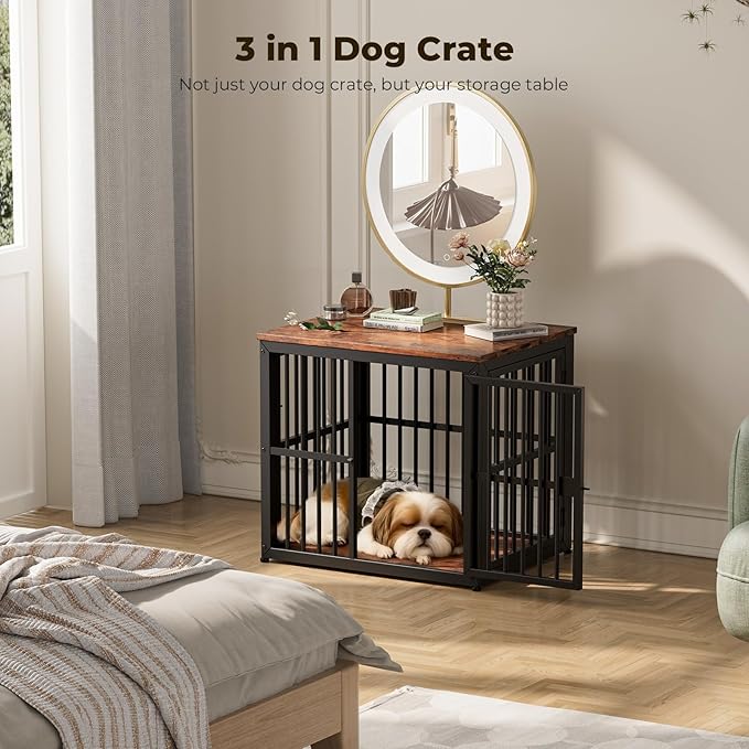 Lyromix 27'' Dog Crate Furniture with 3 Doors,Wooden Crate End Table Heavy Duty Indoor Puppy Cage for Small Dogs, Multiple Units Can be Combined, Rustic Brown