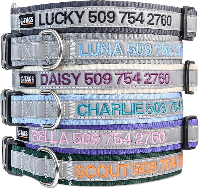 GoTags Reflective Personalized Dog Collar, Custom Embroidered Safety Collar with Pet Name and Phone Number for Boy and Girl Dogs, Small, Medium, and Large Adjustable Sizes (Medium, Light Gray)