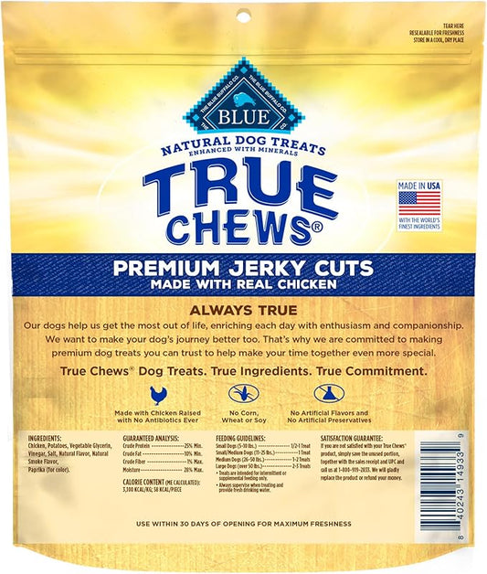 Blue Buffalo True Chews Premium Jerky Cuts Dog Treats, Made in the USA with Natural Ingredients and No Antibiotics Ever, Chicken, 4-oz. Bag